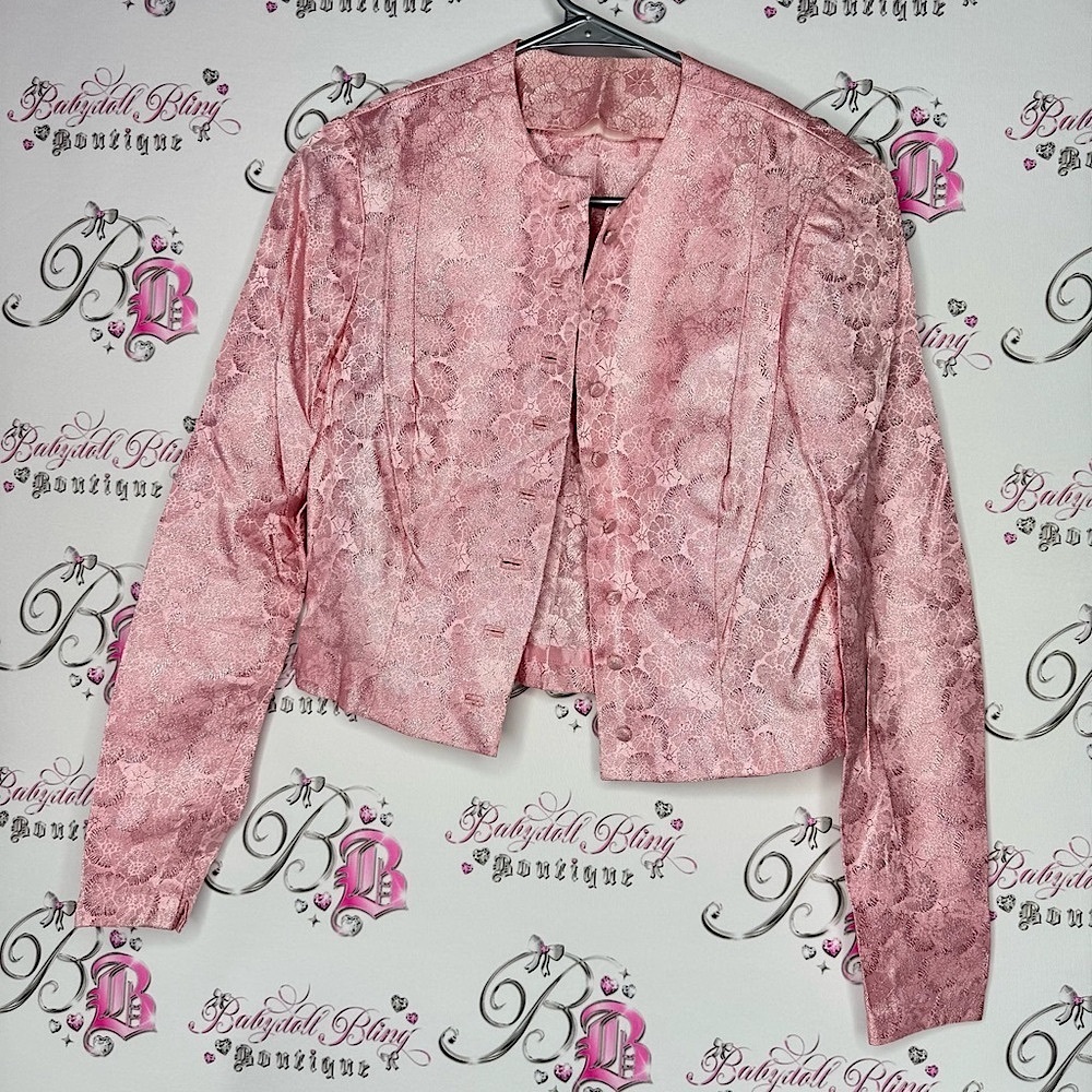 Blazer button up shimmer sparkly flowers handmade Pink Floral Cropped Jacket